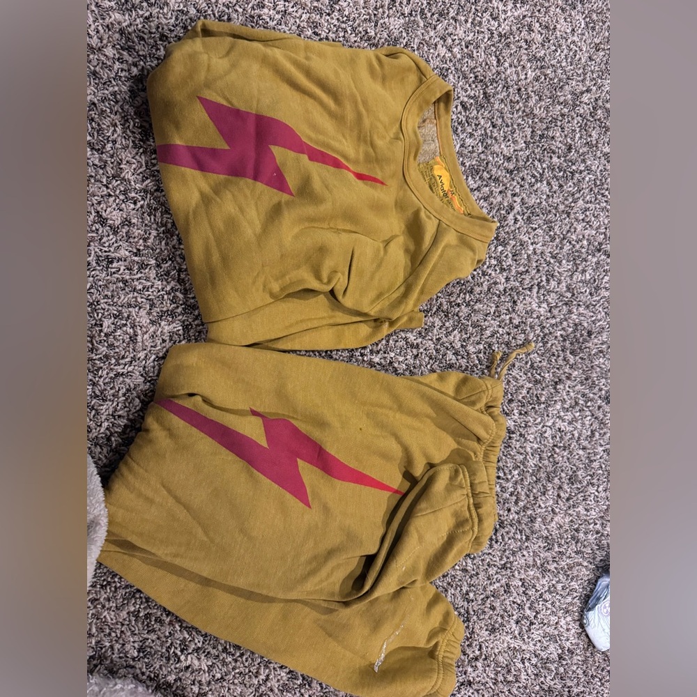 Aviator Nation Yellow and Pink Lightning Bolt Sweatshirt and Joggers Set M